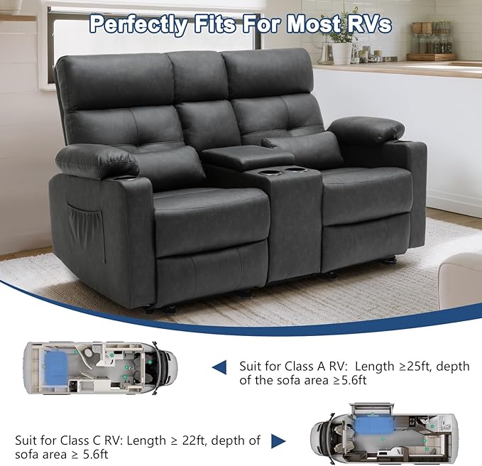 68'' RV Power Loveseat Recliner Sofa with Heat and Massage| RV Loveseat Recliner with Console| Double Reclining Couch with Cup Holder (PU, Black-Gray) | Double Seat, Electric Recliner