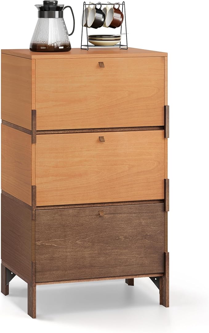 Sebastack Sideboard, Buffet Cabinet with 3 Storage Drawers, Easy Assembly Coffee Bar Wood Buffet Table for Kitchen, Dining Room, Bathroom, Basswood and Walnut Color Combo (1 pcs)