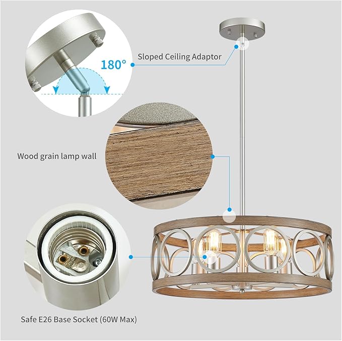 XINGQI 21.7" Drum Chandelier, Farmhouse Dining Room Light Fixture, Wood Grain Brushed Nickel Kitchen Lighting 5 Light with Round Metal Shade Vintage Hanging Light for Living Room Bedroom