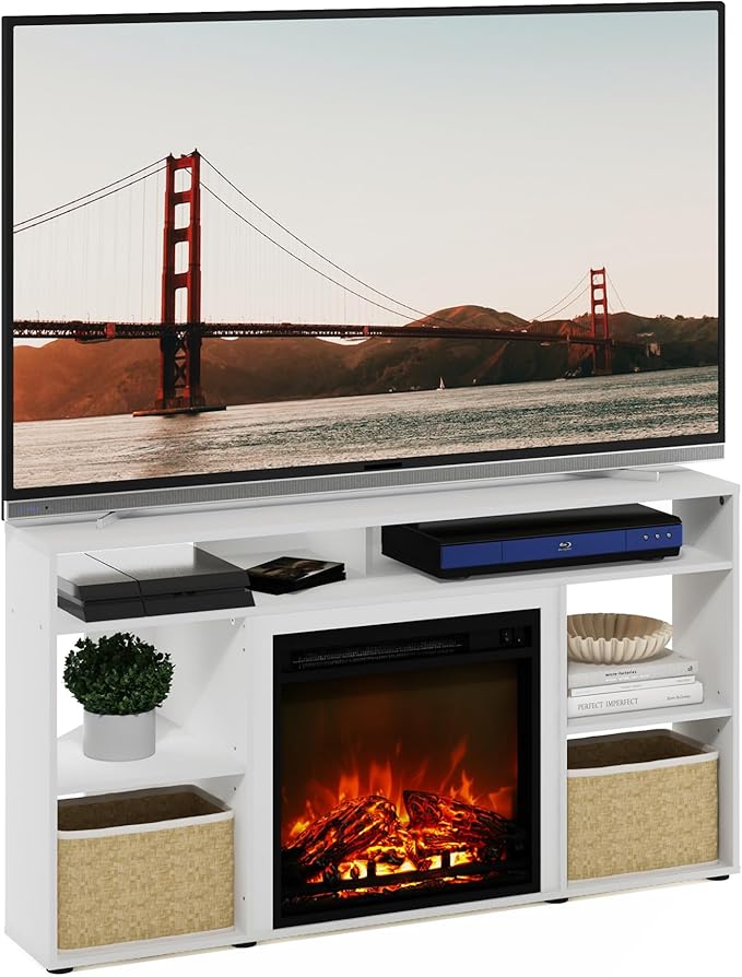 Furinno Jensen Corner Stand with Fireplace for TV up to 55 Inches, 55-Inch, Solid White