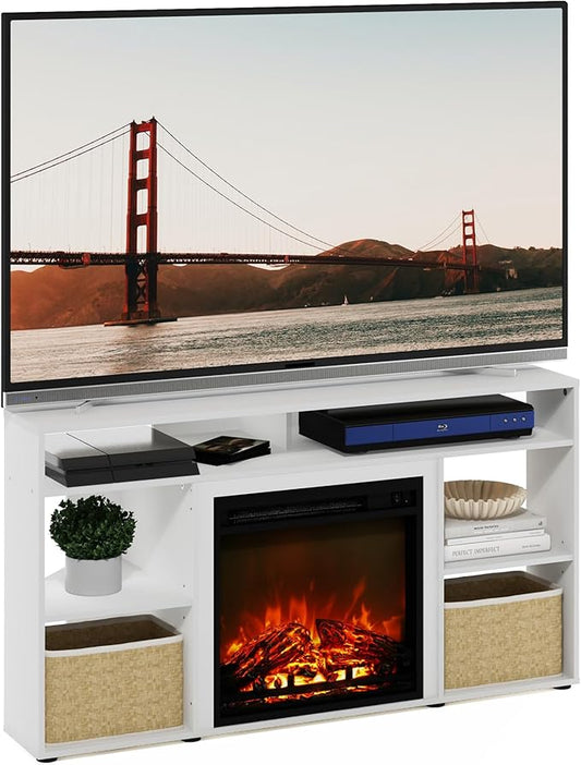 Furinno Jensen Corner Stand with Fireplace for TV up to 55 Inches, 55-Inch, Solid White