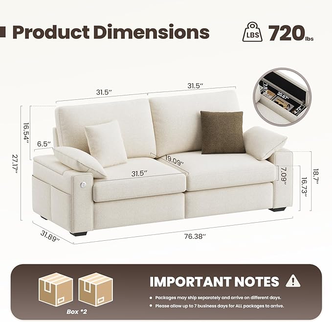 COLAMY 76" Loveseat Sofa, Modular Midcentury Modern 3-Seat, Beige | USB Type C Ports