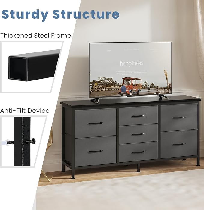 DUMOS TV Stand for Bedroom with Storage TV Stands for Living Room Grey, 7 Drawer Farmhouse Entertainment Center Media Console Table with Metal Frame Adjustable Feet