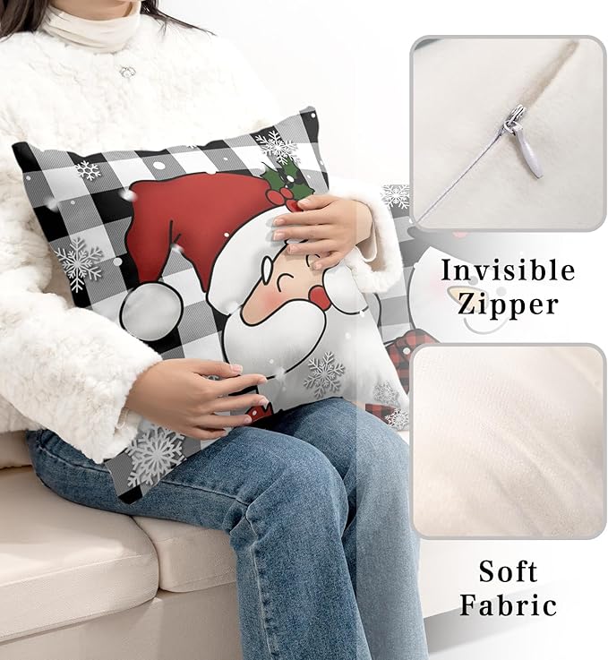 Black and White Checked Christmas Pillow Covers 20x20 Pack of 2 Winter Snowman and Santa Claus Throw Pillow Covers Winter Snowflakes Soft Touch Indoor Outdoors Decor