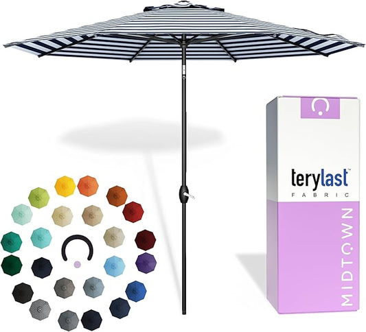 Midtown Umbrellas - 10-Year-No-Fade 8 Ft Patio Umbrella with Terylast Fabric, Auto-Tilt Aluminum Frame and 8 Reinforced Ribs for Deck, Pool, Garden & Beach - Navy/White Stripes Canopy, Black Pole