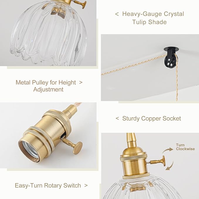 2 Pack Plug in Pendant Light Fixtures, Hanging Light Fixture Vintage Glass Pendant Light, Mini Transparent Tulip Hanging Lamp, Pendant Lighting for Kitchen Island, Bedroom, Dining Room, Living Room