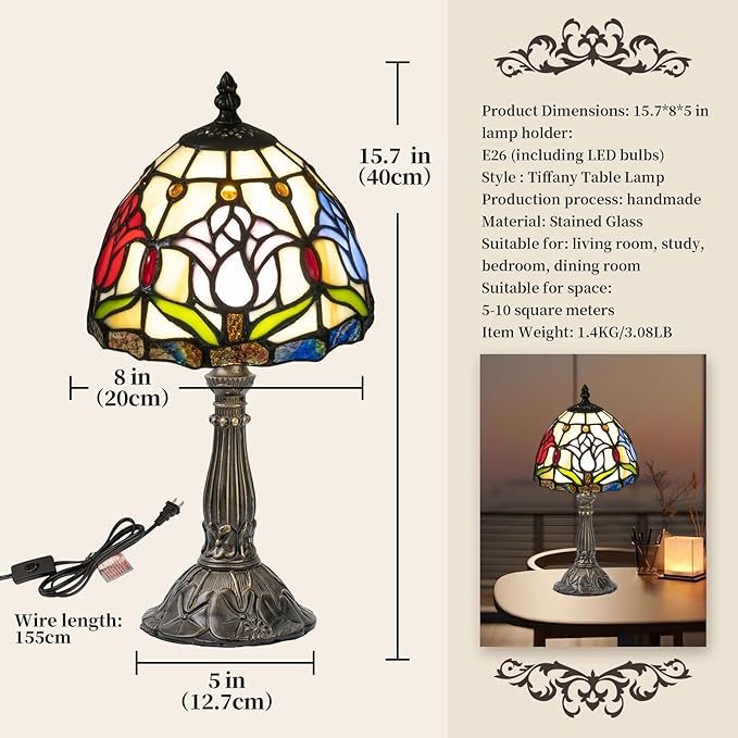 Tiffany Style Lamp,3 Color-Temperature Flower Stained Glass Lamp,8 Inch Tiffany Table Lamp for Bedroom Living Room Home, Handcrafted Light, Included Bulb