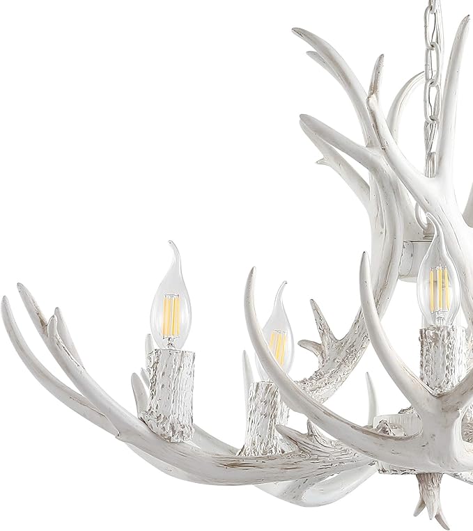 JONATHAN Y 26" White Rustic Resin Antler 4-Light LED Chandelier, Farmhouse Faux Deer Horn Hanging Ceiling Light for Dining Room, Kitchen Island, Adjustable Light Fixture (JYL6300B)