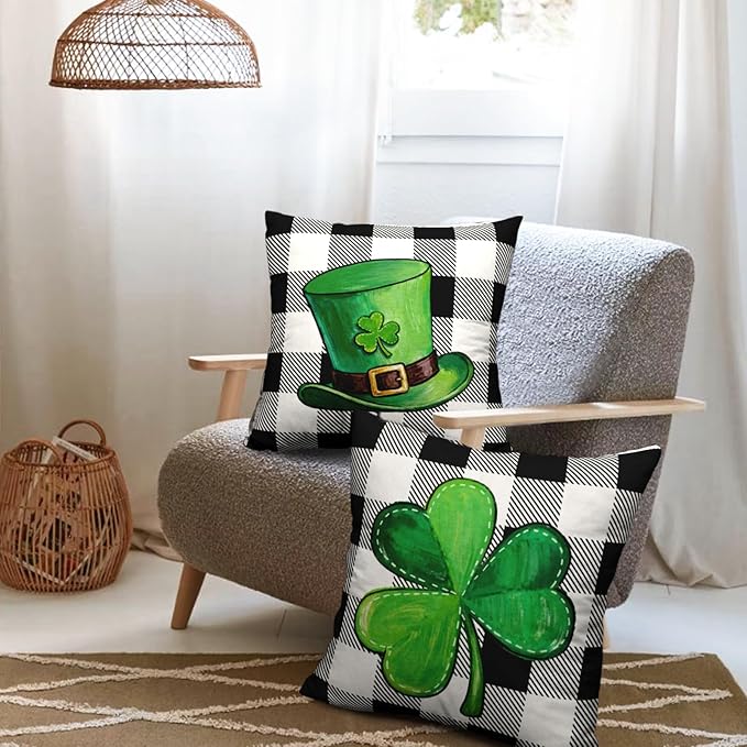 Green Shamrock Hat St Patricks Day Throw Pillow Covers 24x24 Set of 2 Buffalo Plaid Lucky Clovers Decorative Pillowcases St Patrick Outdoor Spring Cushion Covers for Couch Sofa Porch Decor