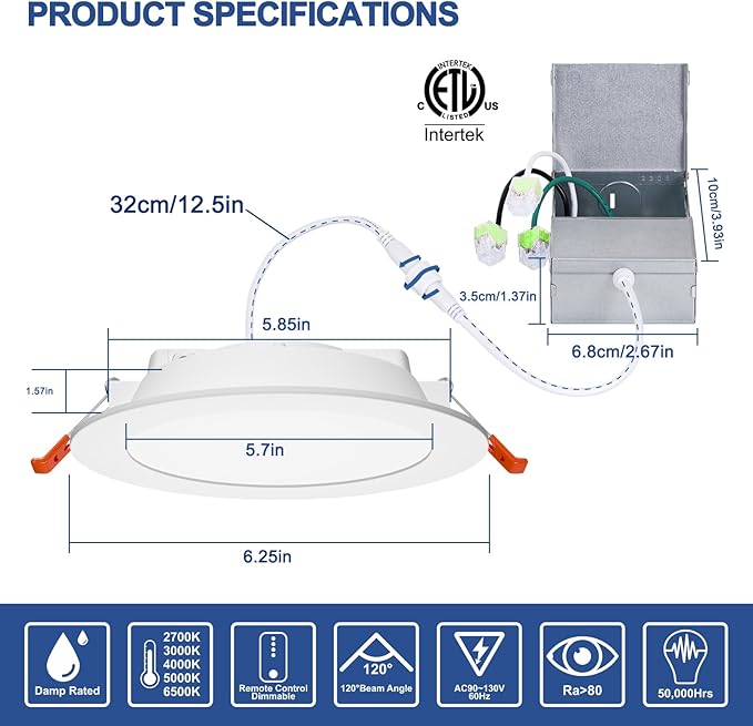 Smart Recessed Lighting 6 Inch Canless LED Recessed Ceiling Light with Junction Box work with Alexa, 2700K~6000K 5CCT Selectable,16W 1350LM High Brightness Wafer Downlight Dimming by Bluetooth-12Pack