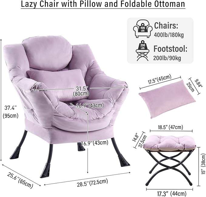Lazy Chair with Ottoman, Modern Accent Chair with Lumbar Pillow, Velvet Light Purple Sofa, Armchairs with Folding Footrest, Oversized Supportive Chairs for Bedroom, Reading