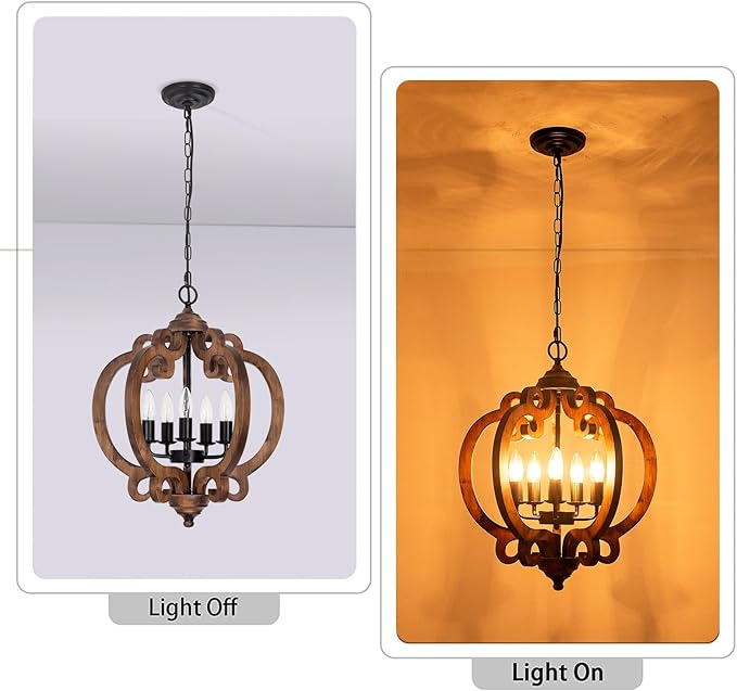 17.72'' Farmhouse Wood Chandelier, 5-Light Rustic Dining Room Light Fixture, Farmhouse Hanging Pendant Lighting, Vintage Orb Chandeliers for Kitchen Island Foyer Living Room Bedroom