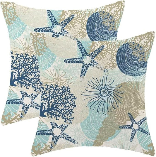 Nautical Coastal Throw Pillow Cover 18X18 Inch Pack of 2,Summer Beach Ocean Themed Decorative Pillow Covers Square Linen Starfish Seashell Pillow Cases Cushion for Bedroom Home Sofa Decoration