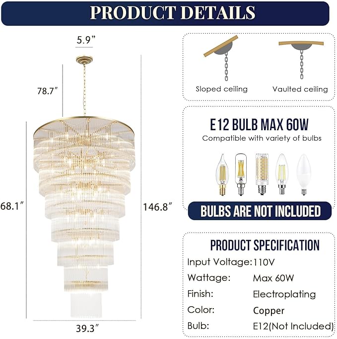 48 Light Staircase Crystal Chandeliers H68 W39 Modern Contemporary Elegant 7-Tier K9 Crystal Glass Chandelier Pendant Ceiling Lighting Fixture for Entryway