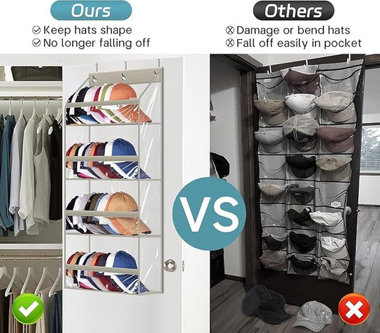 AOODA Clear Over the Door Hat Racks for Baseball Caps, Hold 48 Caps Hat Storage Organizer for Closet Wall, Deep Pockets Hanging Snapback Holder Shelves with 3 Hooks, Grey