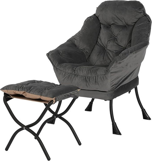 Kokel Lazy Chair with Folding Ottoman,Living Room Chairs, Accent Contemporary Lounge Chair, Single Steel Frame Leisure Sofa Chair with Armrests and A Side Pocket (Dark Gray)