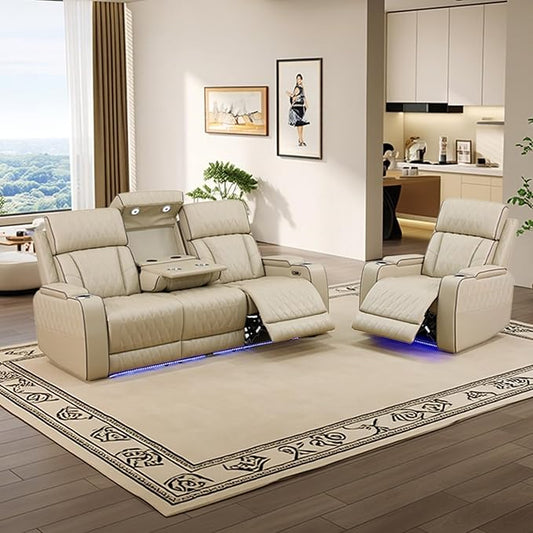 Power Leather Recliner Sofa Set with LED Light,Reclining Sofa and Chair Set with Coffee Table/USB Charger/Storage,Leather Couch for Living Room Furniture Sets(3+1 Seats,Beige)