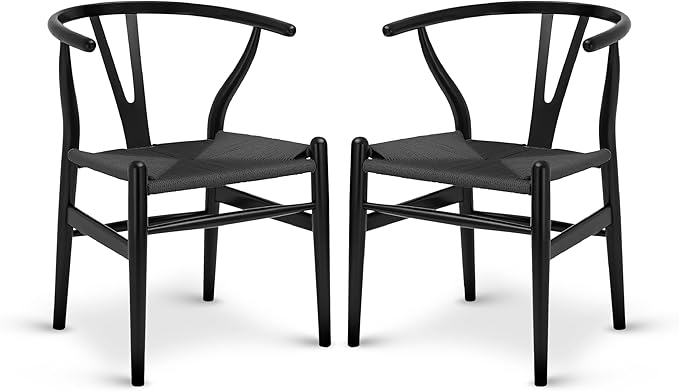 Poly & Bark Weave Dining Chairs – Mid-Century Modern Wishbone Dining Chairs with Arms, Solid Wood Frame, Indoor Use – Pitch Black – Set of 2 - Ideal for Dining Room, Kitchen or Stylish Accent Setting