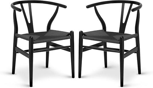 Poly & Bark Weave Dining Chairs – Mid-Century Modern Wishbone Dining Chairs with Arms, Solid Wood Frame, Indoor Use – Pitch Black – Set of 2 - Ideal for Dining Room, Kitchen or Stylish Accent Setting