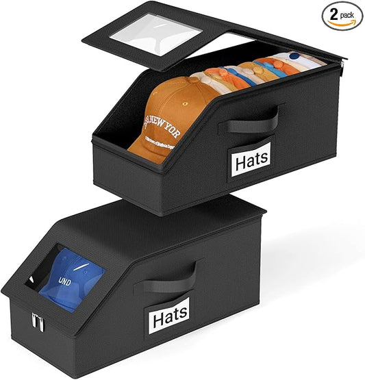 AOODA 2 PCS Stackable Hat Storage for Baseball Caps, Holds up to 24 Caps Hat Organizer for Closet, Sturdy Snapback Boxes for Men with Cardboard (Pure Black)