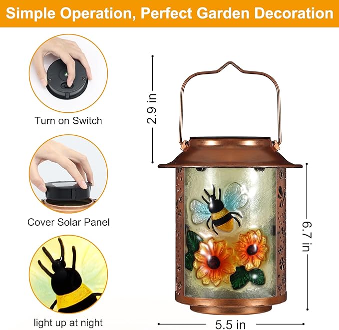Bees Solar Lanterns Outdoor Waterproof,Birthday Gifts for Women Mom Grandma Garden Decor,Hanging Solar Lights Wall Mount Decorations for Yard,Front Porch,Patio,Lawn Pathway Landscape