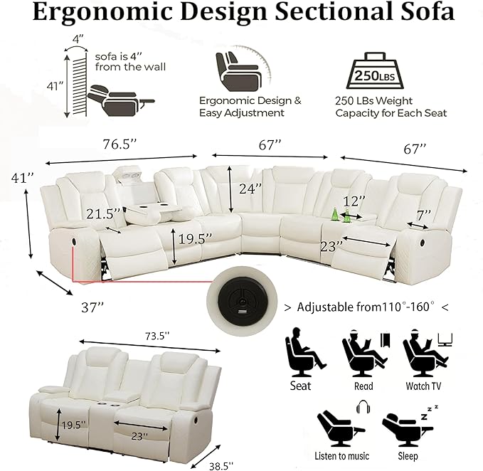 Power Reclining Sectional Sofa with LED, Leather Recliner Couch for Living Room/Home Theater, Sectional Reclining Couches with USB Port/Hide-Away Storage