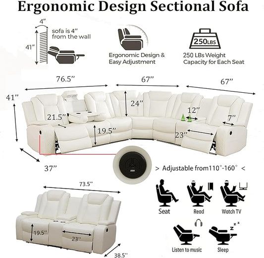 Power Reclining Sectional Sofa with LED, Leather Recliner Couch for Living Room/Home Theater, Sectional Reclining Couches with USB Port/Hide-Away Storage