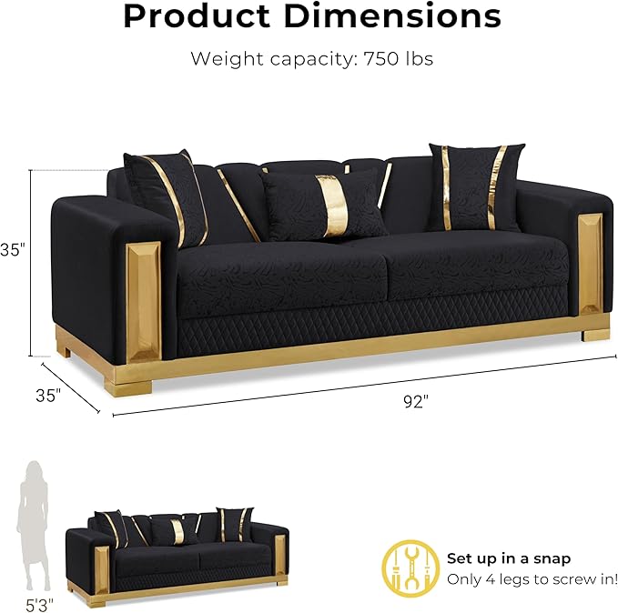 Furniture of America Samison II Glam 2-Piece Solid Wood Upholstered Sofa Set with Accent Pillows, Damask Pattern and Gold Base, Comfortable Couch and Loveseat for Living Room, Bedroom, Office, Black