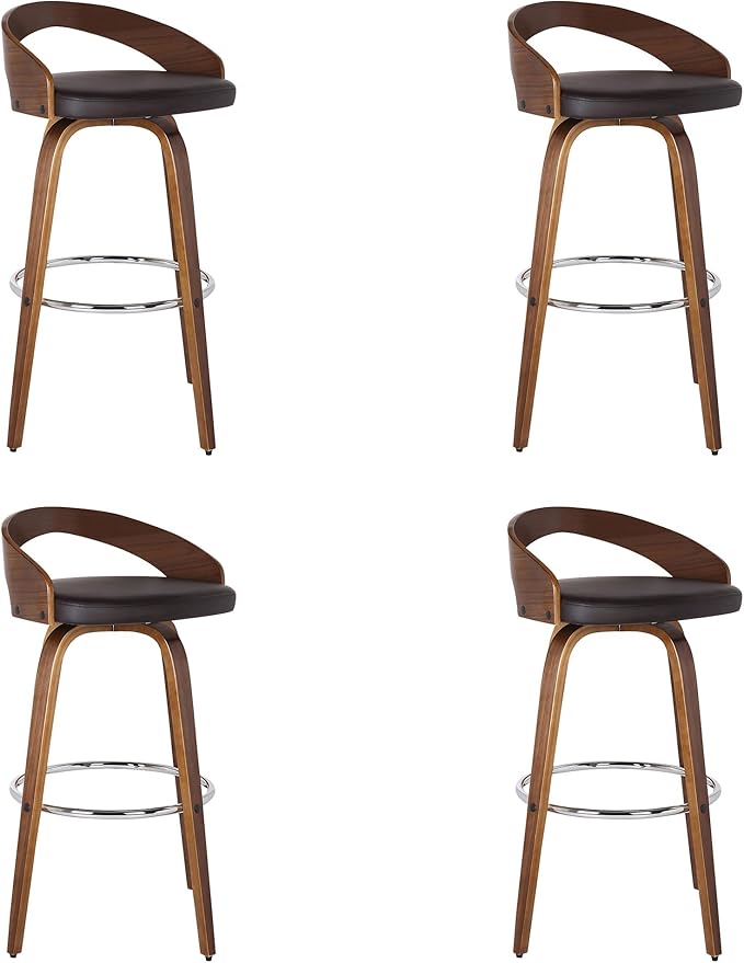 Armen Living Sonia 30" Bar Height Swivel Brown Faux Leather and Walnut Wood Bar Stool - Set of 3