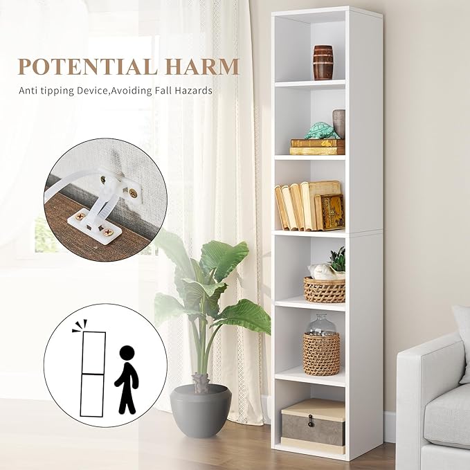 71.5" Tall Bookshelves and Bookcases Set of 2, 6 Tier Display Storage Shelves Home Decor Furniture for Home Office, Living Room, Bed Room (White, 11.8" Narrow)