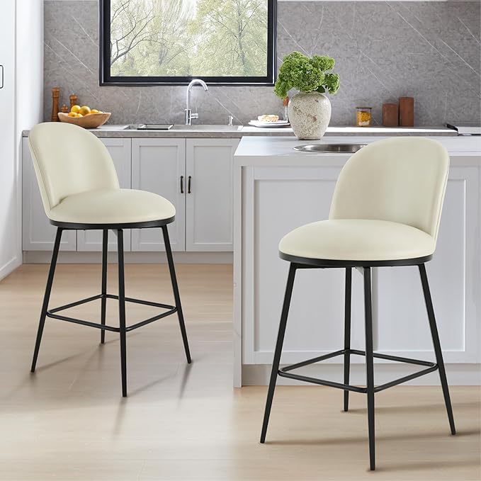 Swivel Bar Stools Set of 3, 26" H Upholstered Faux Leather Barstools with Backs,Counter Height Stools with Metal Legs for Kitchen Island,Cream,1 Box