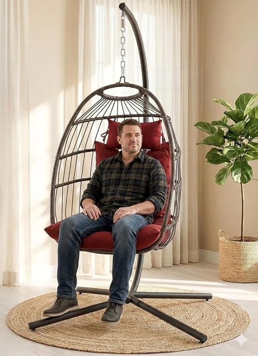 SereneLife Egg Chair with Stand – Hanging Rattan Wicker Swing for Indoor Outdoor Use – 350 lbs Capacity, Breathable Cushion & Headrest – Patio, Balcony, Porch, Bedroom Lounge Furniture