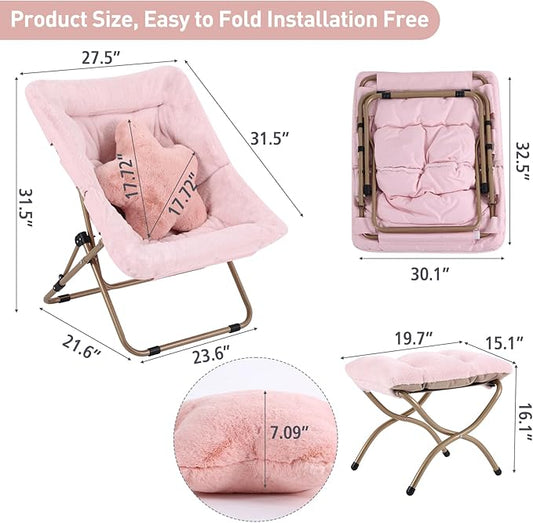 Welnow Comfy Saucer Chair with Ottoman, Oversized Folding Reading Chair for Adults with Throw Pillow Soft Faux Fur Lounge Chair for Bedroom Furry Accent Chair for Living Room, Dorm Rooms, Pink