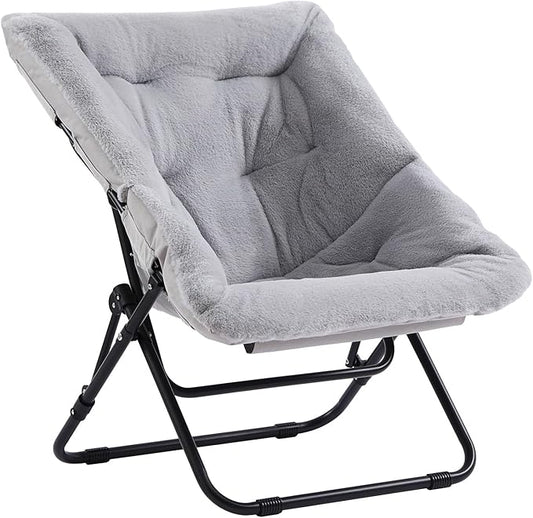 Comfy Dorm Chair - Oversized Folding Saucer Chair with Soft Faux Fur, Metal Frame, for Bedroom, Living Room, Balcony, Patio, Study, Playroom (Grey)