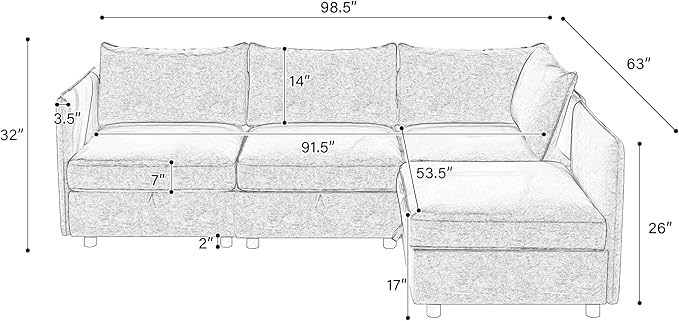 98.5-Inch L-Shaped 4 Seat Modular Sofa Deep Seat Storage Sectional Sofa Couch Free Combination with Storage Space, 4 Seat Chenille Upholstered L-Shaped Convertible Corner Couch for Home Apartment | Space Saving