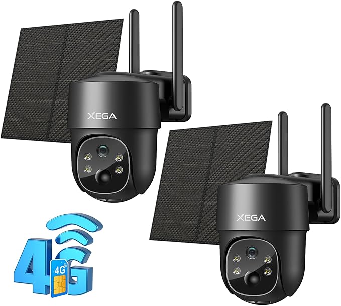 Xega 4G LTE Cellular Security Camera Solar with SIM Card【2 Pack】Wireless Outdoor No WiFi Camera,2K HD PTZ Night Vision Motion Detection 2 Way Talk TF&Cloud Storage, Only Support the Built-in SIM Card