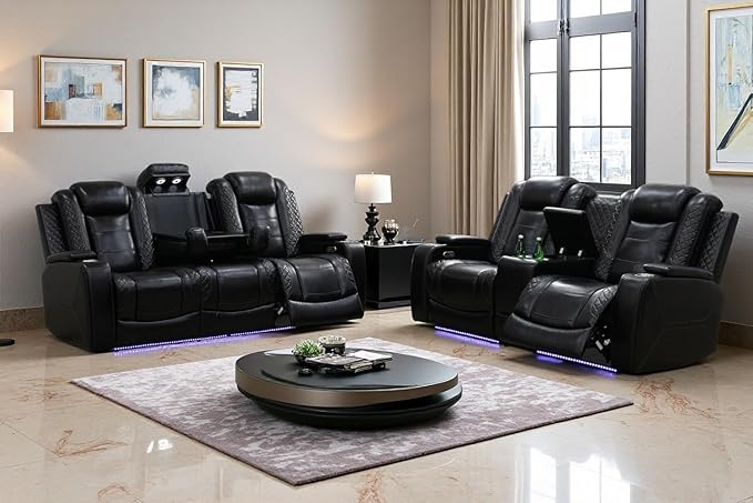 A Ainehome Power Leather Recliner Sofa Set with LED Lights, Recliner Sofa Sectional Couches for Living Room, Reclining Sofa and loveseat, USB Port/Storage Console/Cup Holder(Black,Sofa+loveseat)