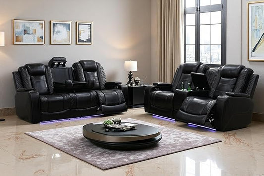 A Ainehome Power Leather Recliner Sofa Set with LED Lights, Recliner Sofa Sectional Couches for Living Room, Reclining Sofa and loveseat, USB Port/Storage Console/Cup Holder(Black,Sofa+loveseat)