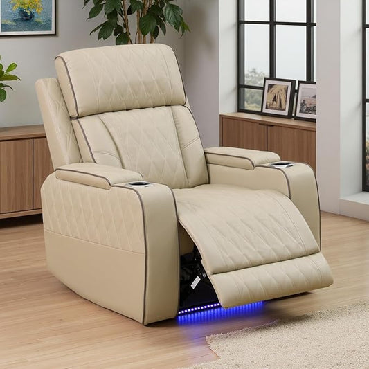 Power Leather Recliner Sofa Chair, Living Room Furniture Sets, Breathing Leather Reclining Couch Chair, Single Recliner with Arm Storage/Cup Holder/Charging Port for Home Theater/Office, Khaki