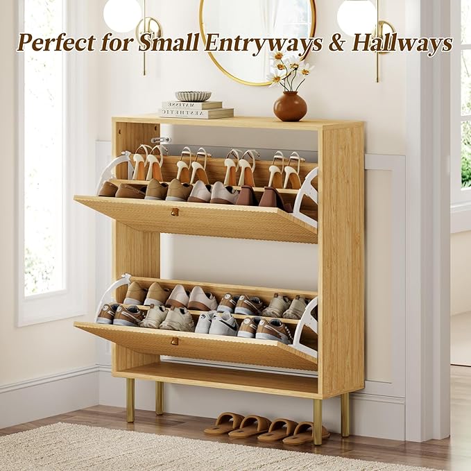 Nicetree Shoe Storage Cabinet for Entryway - Flip Shoe Cabinet with Tiered Fluted Design - Slim Shoe Storage Rack with Gold Legs - Narrow Shoe Cabinet Hidden Shoe Organizer for Small Spaces