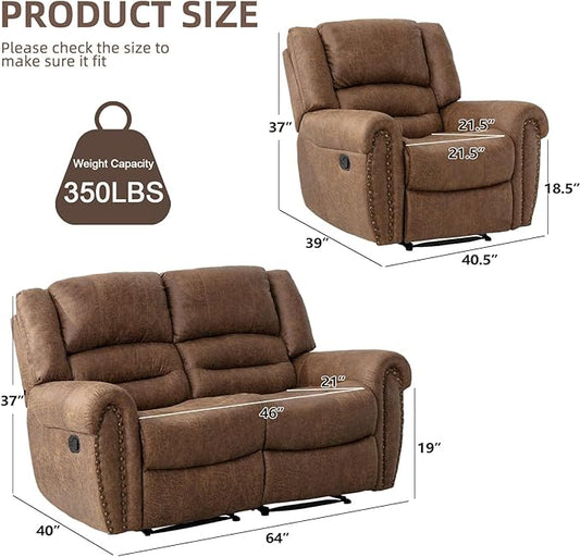 EBELLO Manual Recliner Sofa Set, Faux Leather Reclining Living Room Set, Included Single Recliner Chair and Loveseat Manual Sofa, Brown