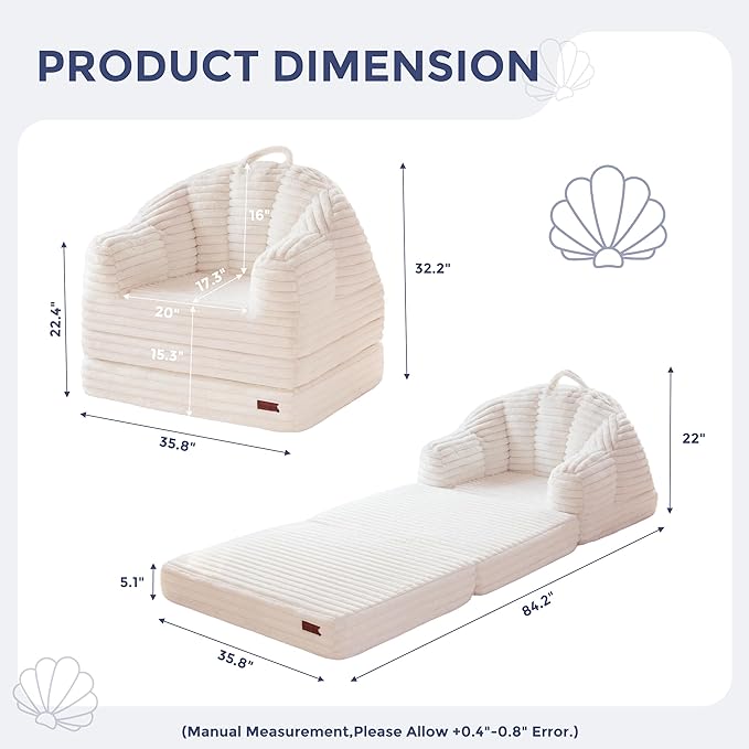MAXYOYO Folding Sofa Bed, 2 in 1 Convertible Sofa to Lounger Comfy Faux Fur Bean Bag Chair for Adults, Floor Single Sleeper Couch Chair with Handle, Couch Bed for Living Room Bedroom, Beige