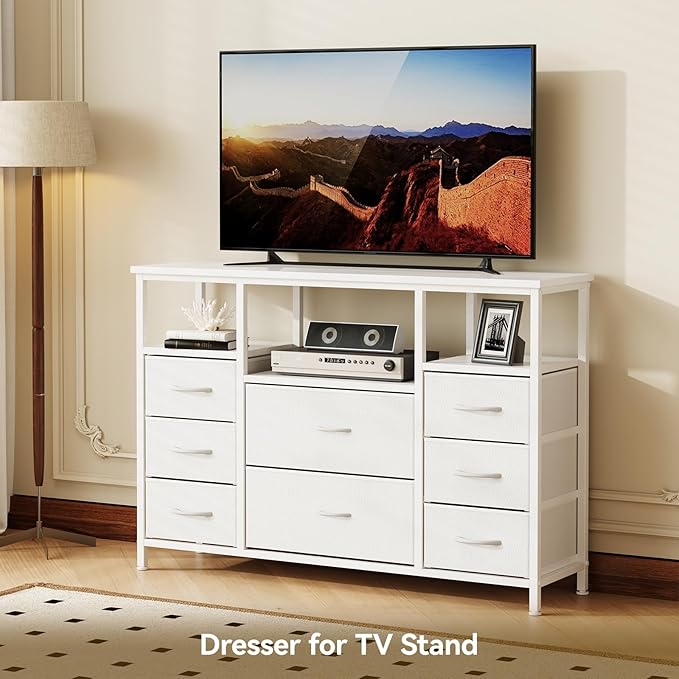 8-Drawer Fabric Dresser TV Stand - Sturdy Steel Frame & Wood Top Chest of Drawers, Lightweight Storage Organizer for Bedroom, Closet, Entryway (White)