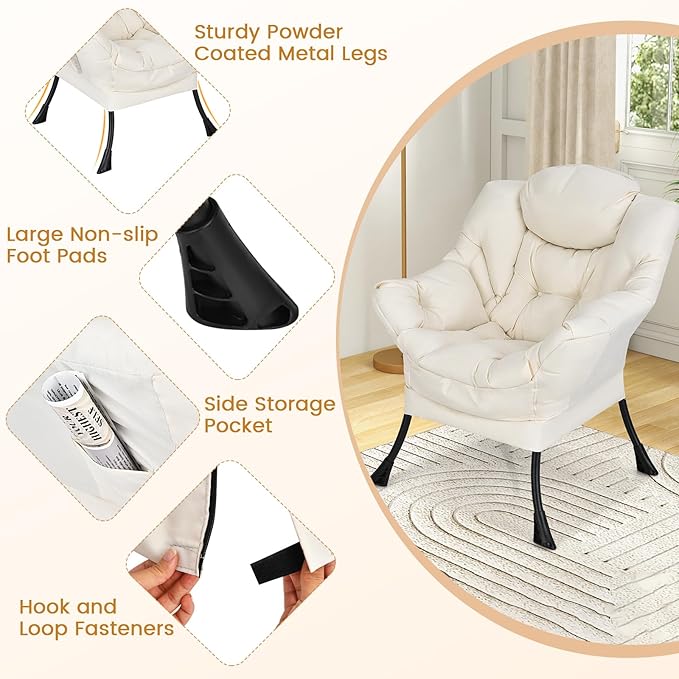 KOMFOTT Modern Accent Chair, Soft Upholstered Lazy Sofa with Side Pocket & Armrests, Single Sofa Armchair, Leisure Sofa Chair for Living Room, Bedroom, Beige