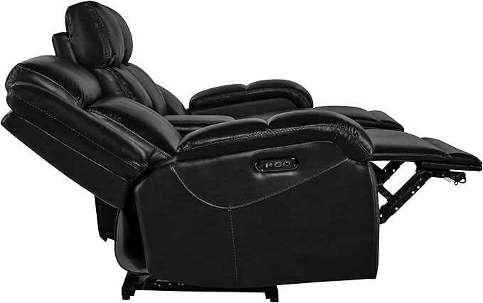 Watson & Whitely Genuine Leather Power Recliner Sofa, 3 Seater Wall Hugger Reclining Sofas with Storage Console, Power Headrest, USB, Electric Recliner Couch Set for Living Room, Black