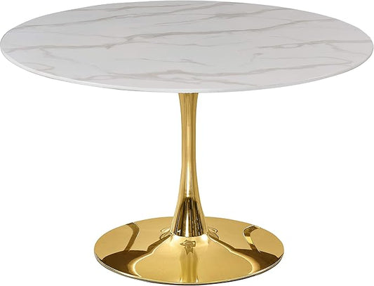 Meridian Furniture 975-T Holly Collection Modern | Contemporary Round Dining Table with Faux Marble Table Top and Rich Gold Base, 48" W x 48" D x 29.5" H