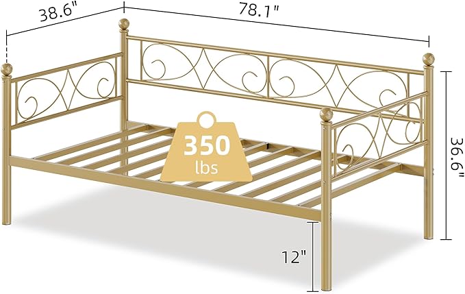 IDEALHOUSE Twin Size Daybed Frame, Metal Sofa Bed Frame, Heavy Duty Metal Slats, Day Bed for Living Room, Bedroom, Guest Room, Space Saving, Gold