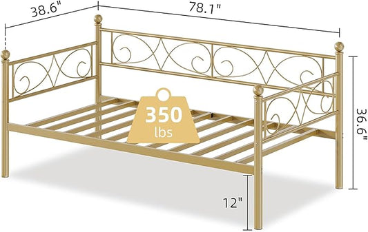 IDEALHOUSE Twin Size Daybed Frame, Metal Sofa Bed Frame, Heavy Duty Metal Slats, Day Bed for Living Room, Bedroom, Guest Room, Space Saving, Gold