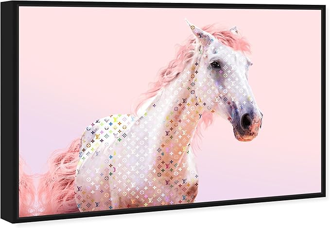 Country Farmhouse Canvas Print Painting Animal Wall Art 'Pink Glam Horse' Black Framed Canvas Rustic Home Décor 45x30 in Pink, White by Oliver Gal