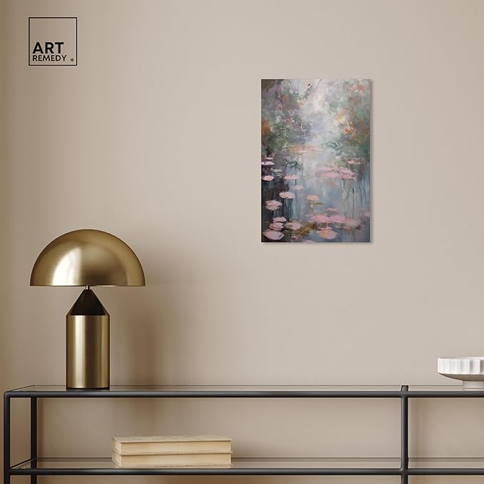 Art Remedy Pink Impressionisty Lilypads Gallery Wrapped Impressionism 1 Piece Canvas Wall Art/Monet And Van Gogh Inspired Art, 10" x 15", Gallery Wrapped